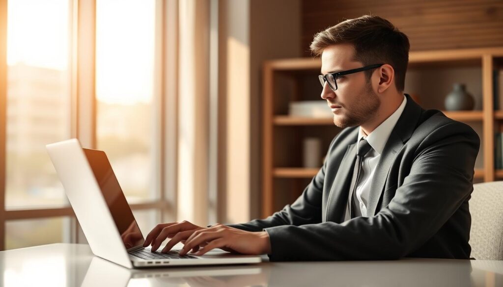 Generate an image of a person using a laptop to check IPTV service availability in their area.