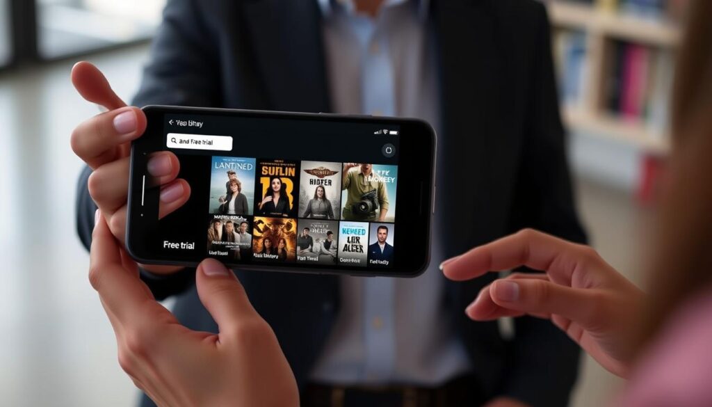 Generate an image of a person using a smartphone to access a vast library of movies and series with a free trial banner