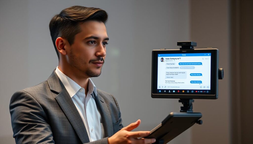 Generate an image of a person using a streaming device with a chat window open on the screen.