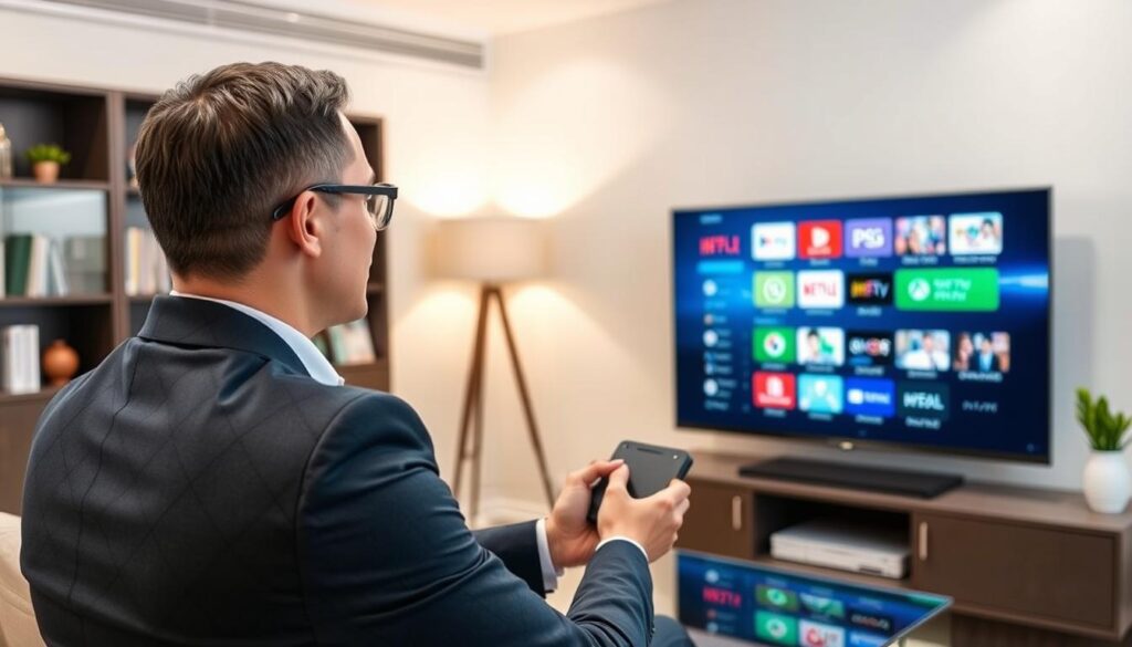Generate an image of a person using an Android TV Box with multiple IPTV applications on the screen Generate an image of a person using an Android TV Box with multiple IPTV applications on the screen