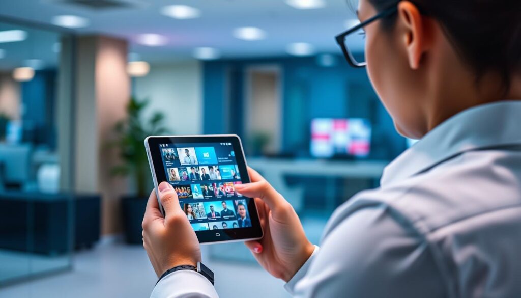 Generate an image of a person using an Android device to stream IPTV content.