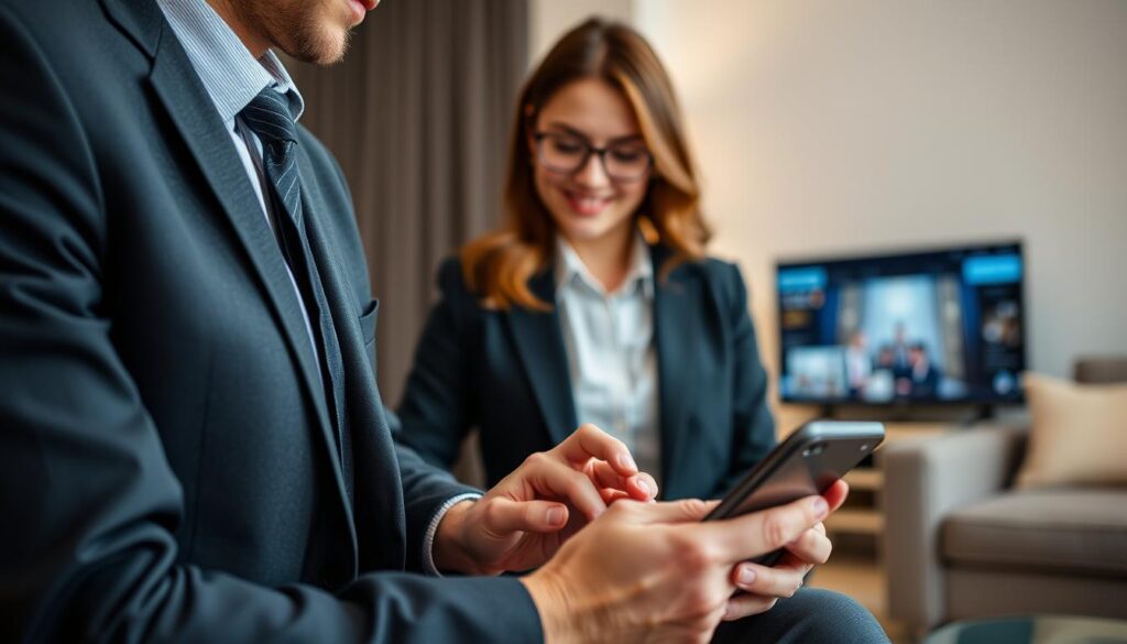 Generate an image of a person using an IPTV app on their device