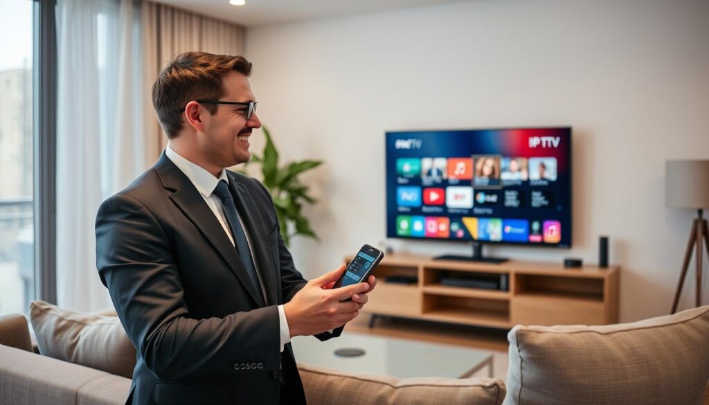 Generate an image of a person using an IPTV app on their smart TV Generate an image of a person using an IPTV app on their smart TV