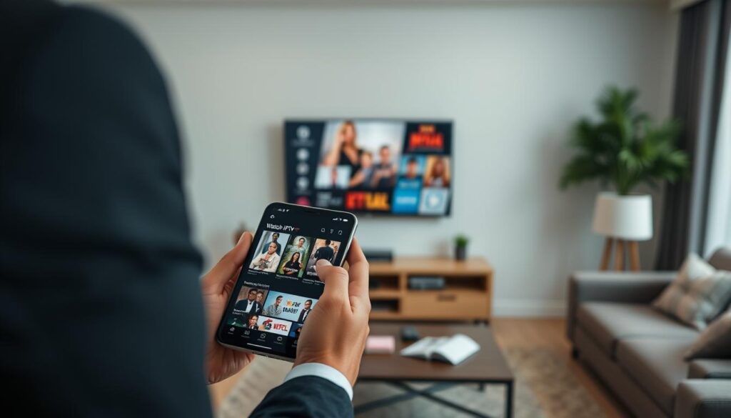 Generate an image of a person using the Watch IPTV app on their iOS device, with a variety of channels and content displayed on the screen.