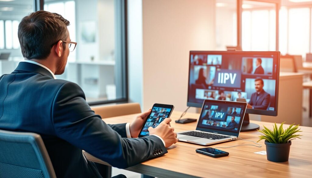 Generate an image of a person watching IPTV on multiple devices