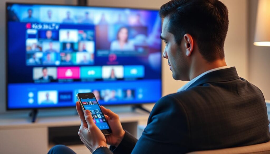 Generate an image of a person watching IPTV on their mobile device using Kick LTV.