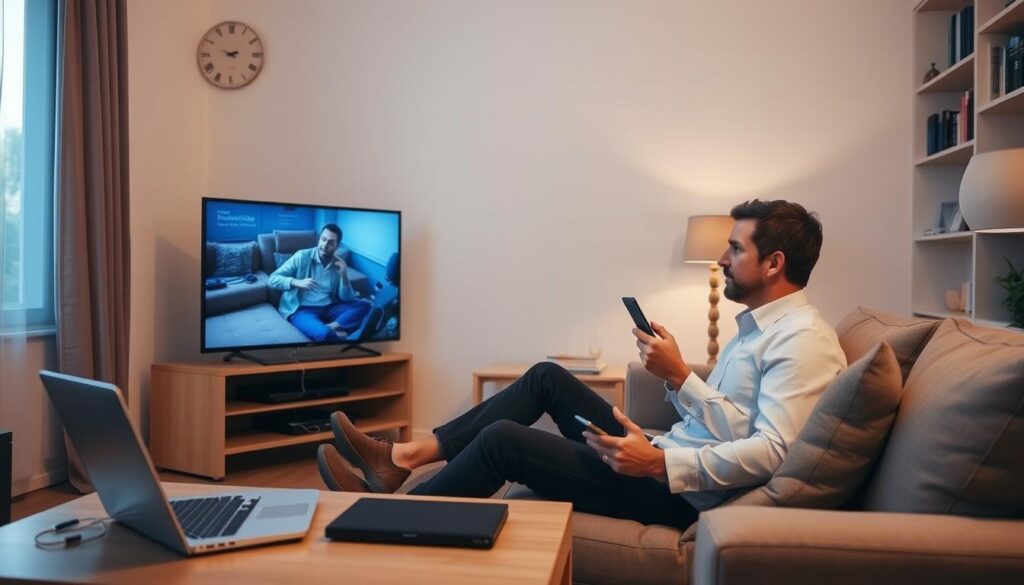 Generate an image of a person watching TV with a stable internet connection and various devices connected.