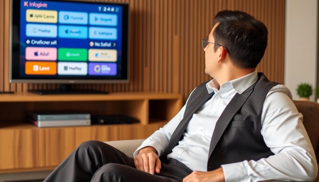 Generate an image of a person watching TV with multiple language options on the screen