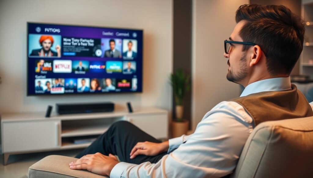 Generate an image of a person watching TV with various channels and on-demand content on their screen.