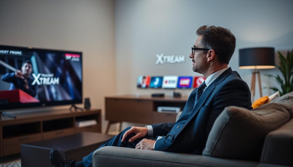 Generate an image of a person watching Xtream IPTV on a smart TV with crystal-clear video quality.