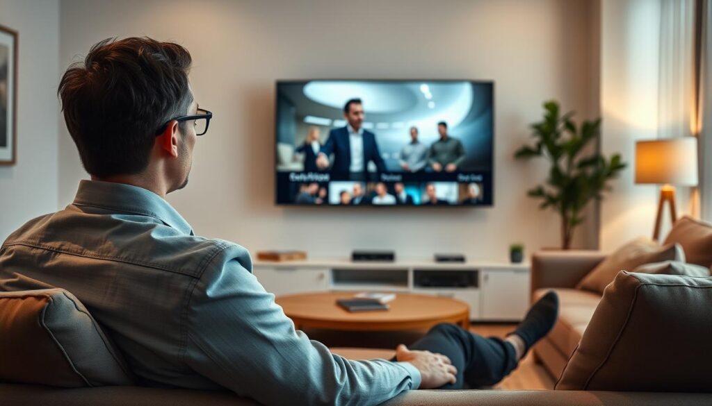 Generate an image of a person watching a movie on demand on their TV. Generate an image of a person watching a movie on demand on their TV.