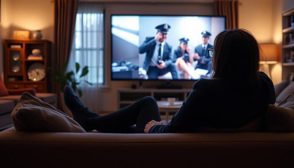 Generate an image of a person watching a movie without any buffering or interruptions.