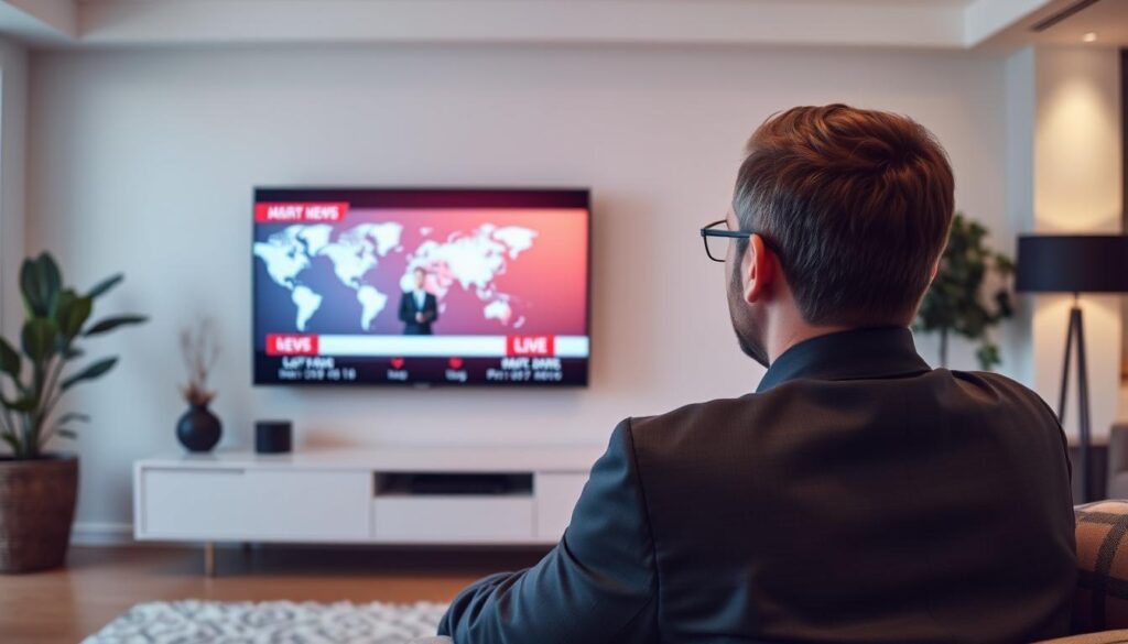 Generate an image of a person watching international news on a smart TV. Generate an image of a person watching international news on a smart TV.