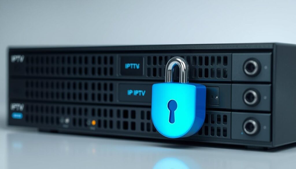 Generate an image of a secure IPTV server with a lock icon