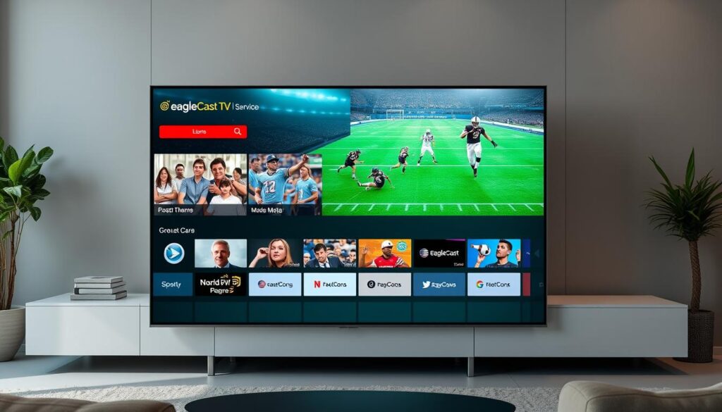 Generate an image of a sleek, modern TV displaying a variety of channels and sports events through EagleCast TV service.