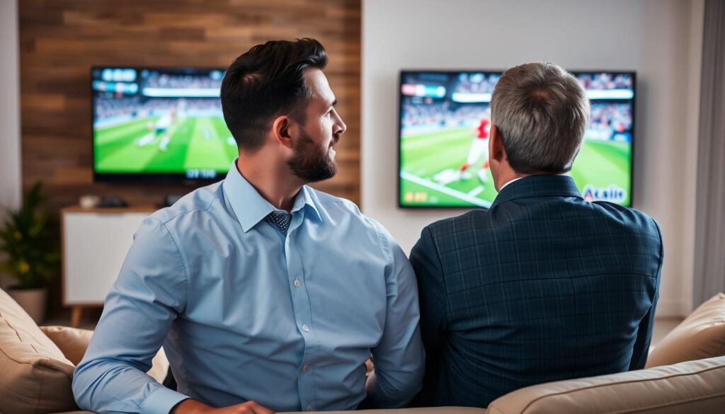 Generate an image of a sports enthusiast enjoying live sports on their TV with TiVistation's IPTV service.