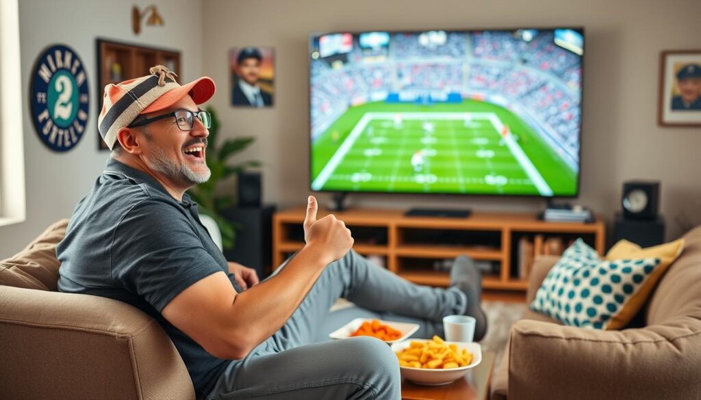 Generate an image of a sports enthusiast enjoying their favorite game on IPTVTune