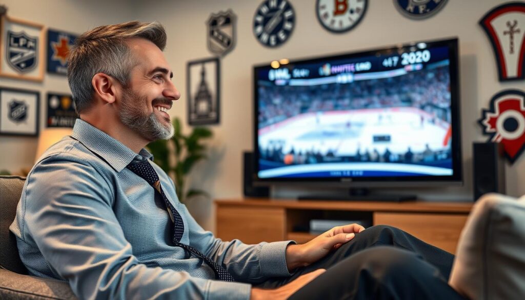 Generate an image of a sports enthusiast watching a live NHL game on their TV with a satisfied expression.