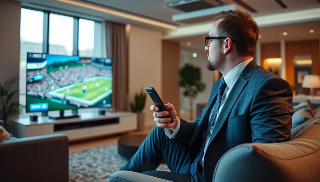 Generate an image of a sports enthusiast watching a live game on IPTV Generate an image of a sports enthusiast watching a live game on IPTV