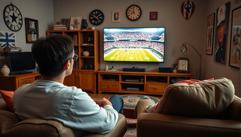 Generate an image of a sports enthusiast watching a live game on Pioneer TV IPTV service. Generate an image of a sports enthusiast watching a live game on Pioneer TV IPTV service.