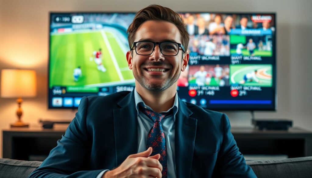 Generate an image of a sports enthusiast watching a live game on their TV with a satisfied expression, surrounded by multiple sports channels on the screen.