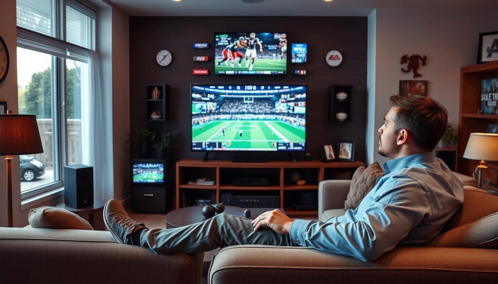 Generate an image of a sports enthusiast watching a live game on their TV with multiple screens displaying different sports channels. Generate an image of a sports enthusiast watching a live game on their TV with multiple screens displaying different sports channels.