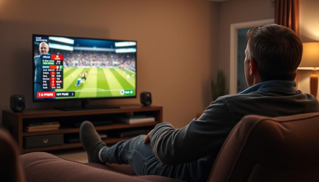 Generate an image of a sports enthusiast watching a live game on their TV with multiple sports channels displayed.