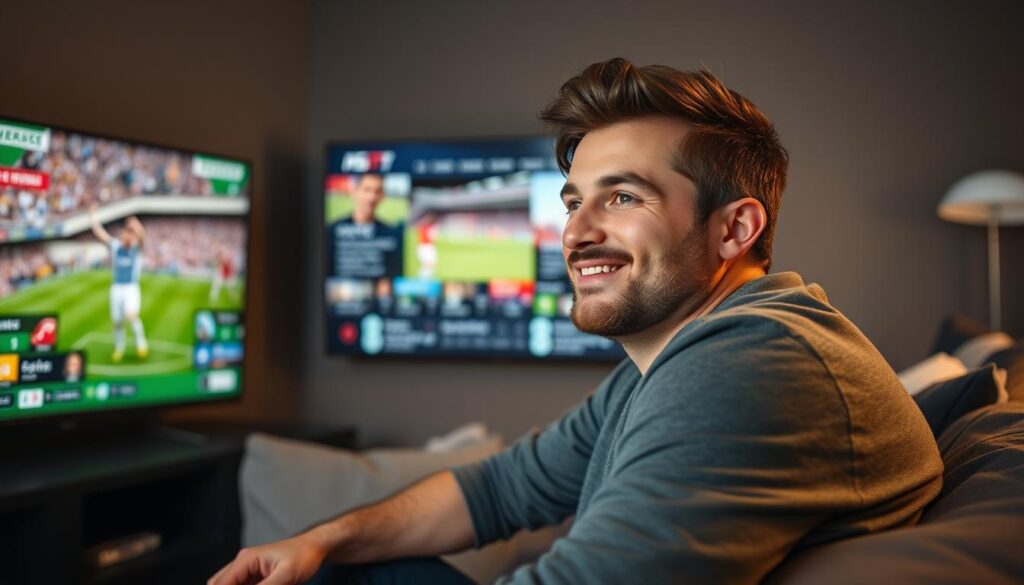Generate an image of a sports enthusiast watching a live sports event on their TV with a satisfied expression, surrounded by sports channels and highlights on the screen.