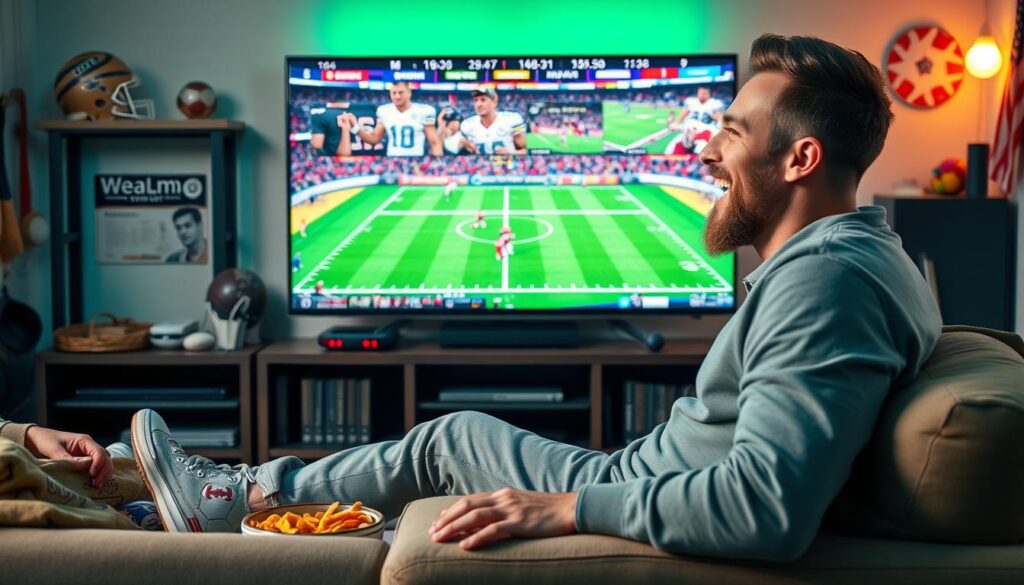 Generate an image of a sports enthusiast watching multiple games on a large screen TV. Generate an image of a sports enthusiast watching multiple games on a large screen TV.