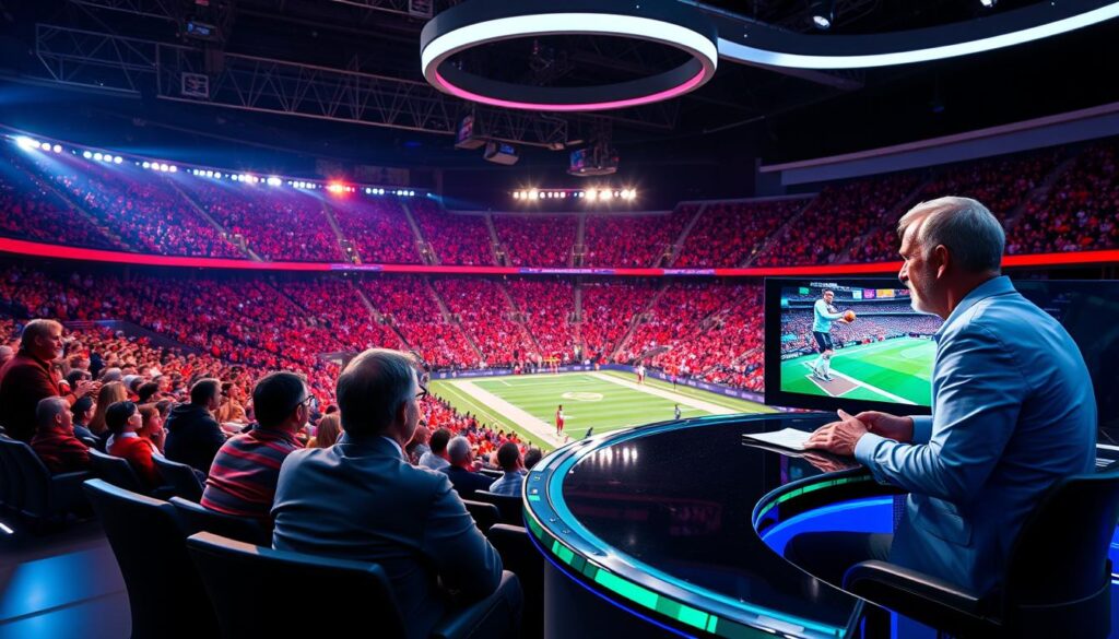 Generate an image of a sports event being streamed live on TV. Generate an image of a sports event being streamed live on TV.