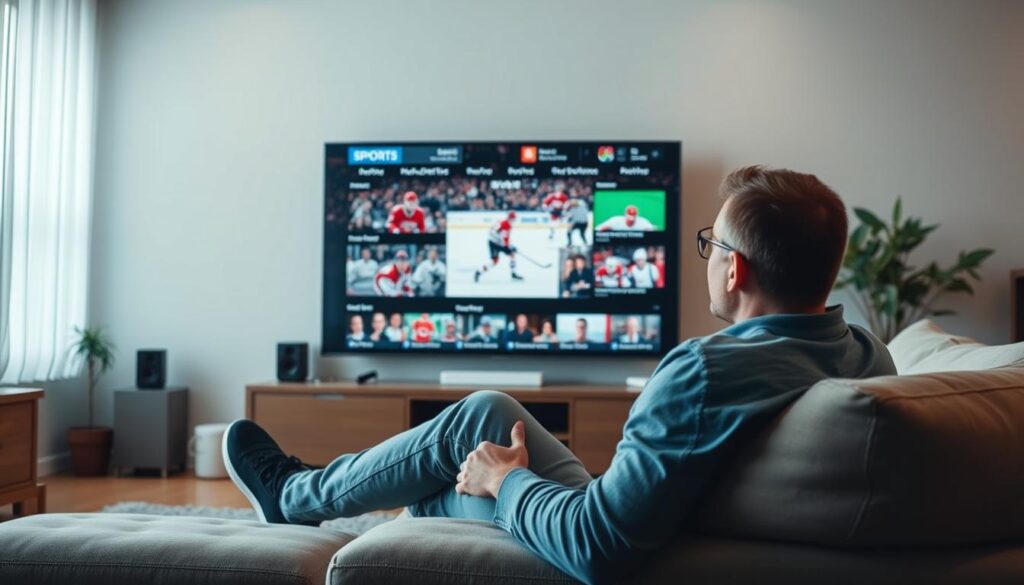 Generate an image of a sports fan watching a live hockey game on their TV with multiple sports channels displayed.