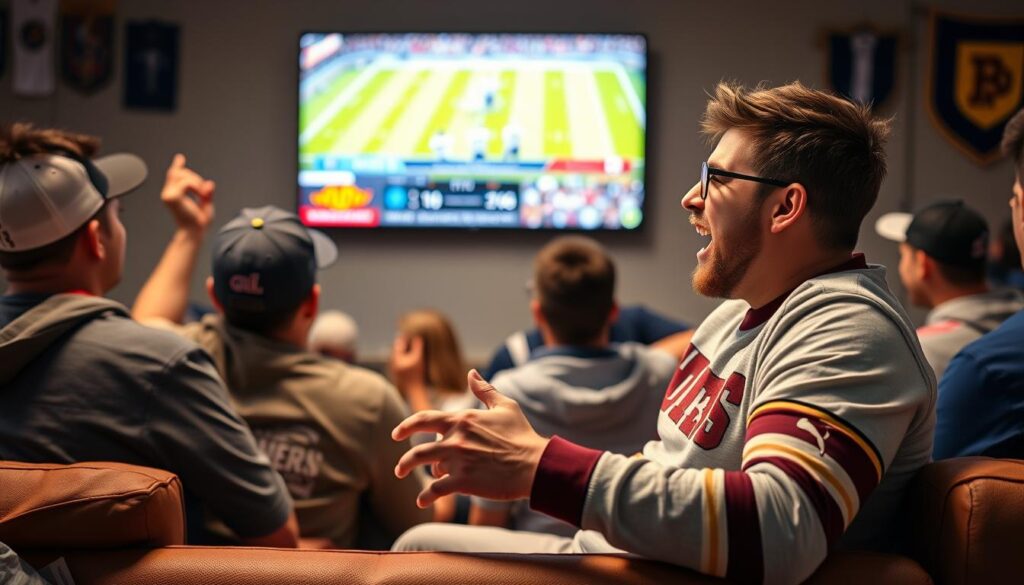 Generate an image of a sports fan watching a live match on IPTV