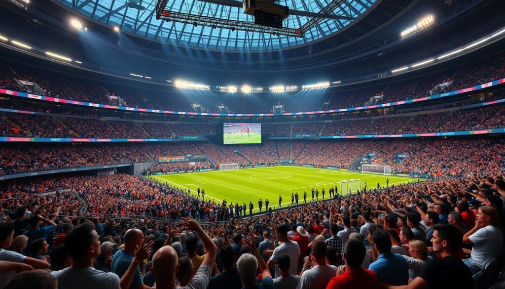 Generate an image of a sports stadium with a TV screen displaying a live sports event.