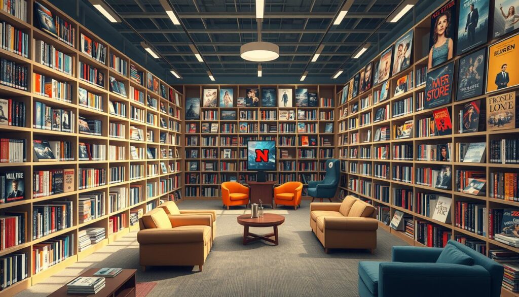 Generate an image of a vast movie library with various genres and titles available on a streaming platform.