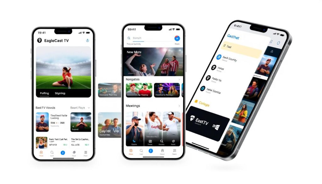 Generate an image of the EagleCast TV app interface showcasing its main features. Generate an image of the EagleCast TV app interface showcasing its main features.