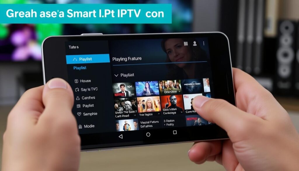 Generate an image of the GSE Smart IPTV app interface on an Android device, showcasing its playlist management features.