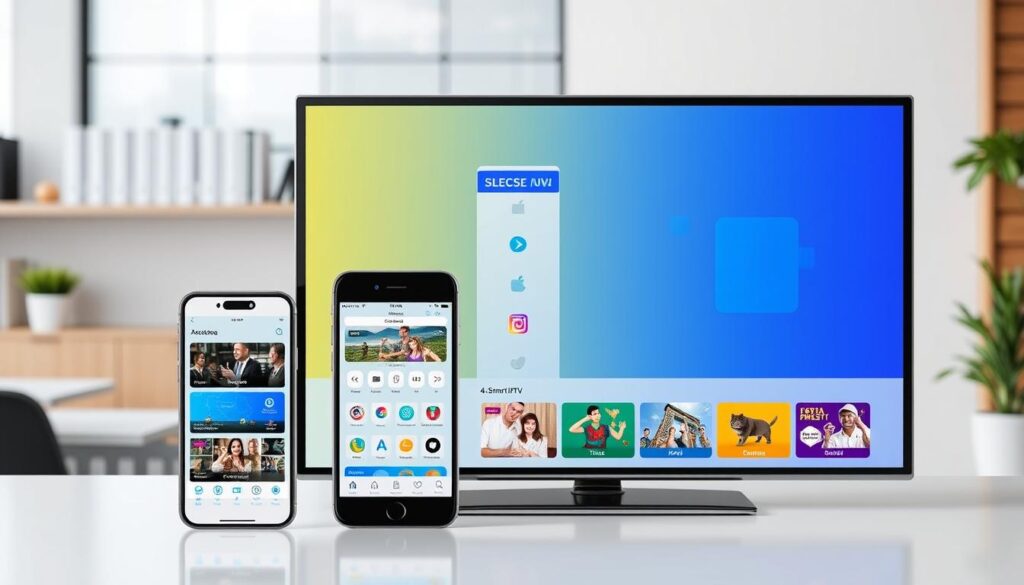 Generate an image of the GSE Smart IPTV app interface on multiple devices. Generate an image of the GSE Smart IPTV app interface on multiple devices.