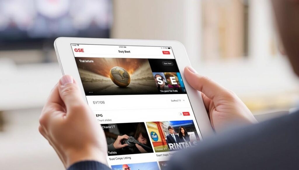 Generate an image of the GSE Smart IPTV app on an iOS device, showcasing its EPG and channel listing features.