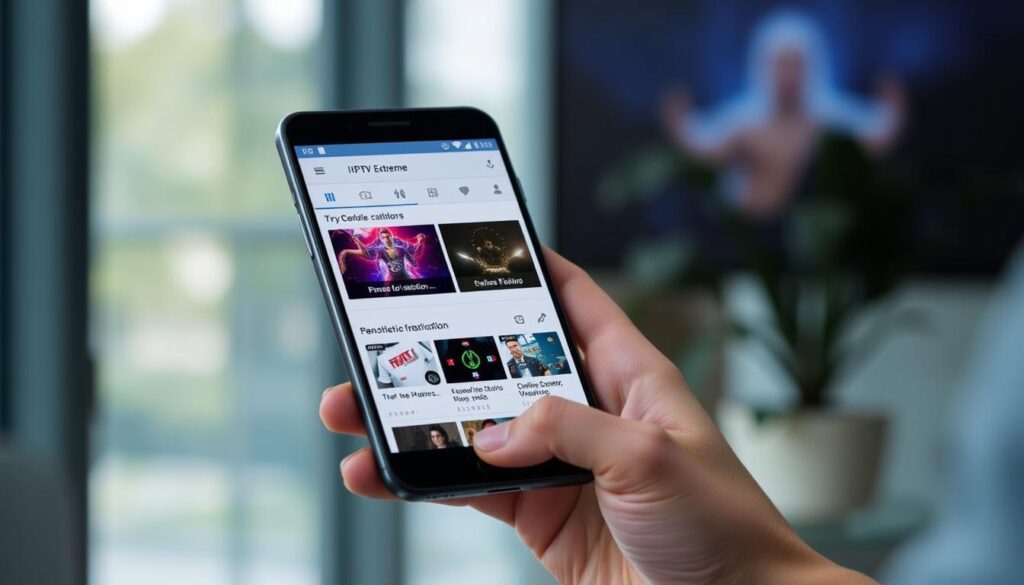 Generate an image of the IPTV Extreme app interface on an Android device, showcasing its user-friendly design and features.