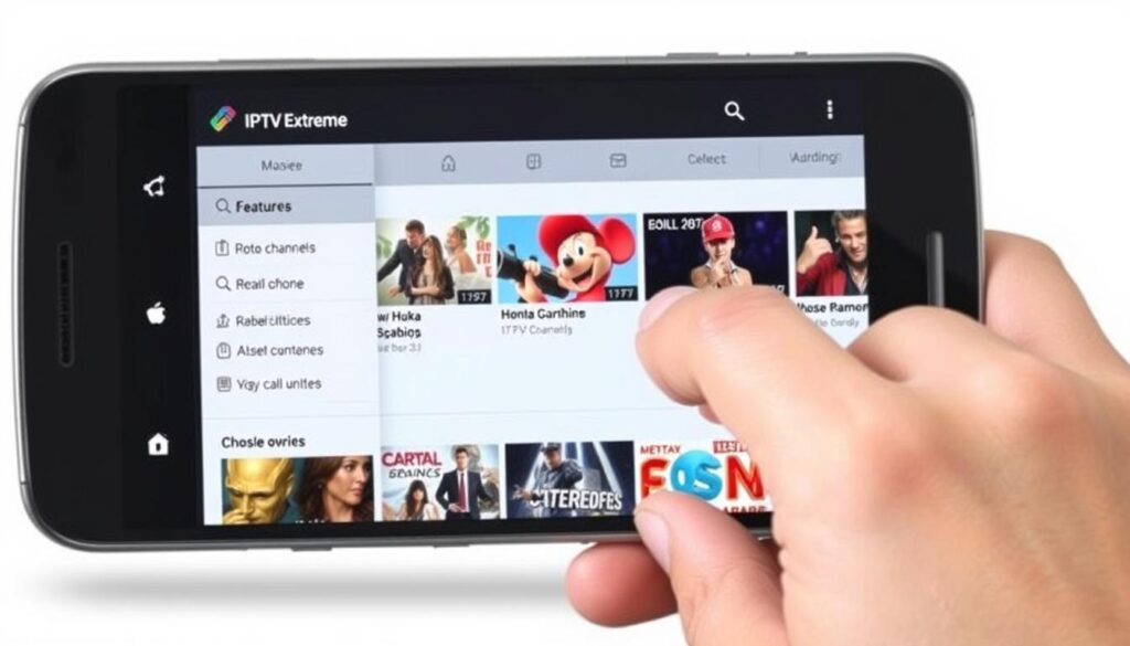 Generate an image of the IPTV Extreme app interface on an Android device, showcasing its user-friendly features and channel listings. Generate an image of the IPTV Extreme app interface on an Android device, showcasing its user-friendly features and channel listings.