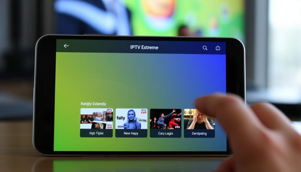 Generate an image of the IPTV Extreme application interface on an Android device, showcasing its user-friendly design and features. Generate an image of the IPTV Extreme application interface on an Android device, showcasing its user-friendly design and features.