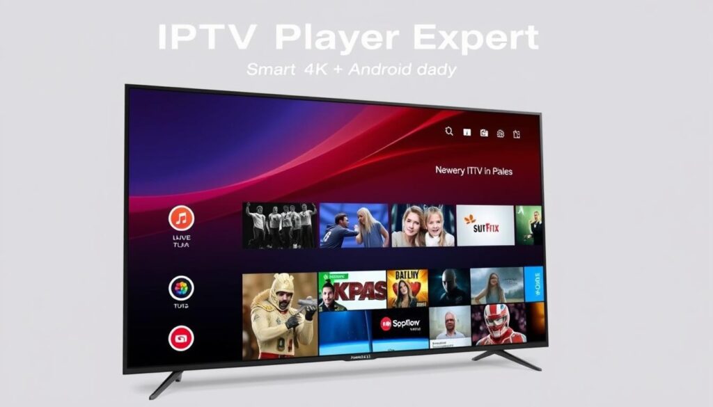 Generate an image of the IPTV Player Expert - Smart 4K app interface on an Android TV device, showcasing its user-friendly design and 4K content. Generate an image of the IPTV Player Expert - Smart 4K app interface on an Android TV device, showcasing its user-friendly design and 4K content.
