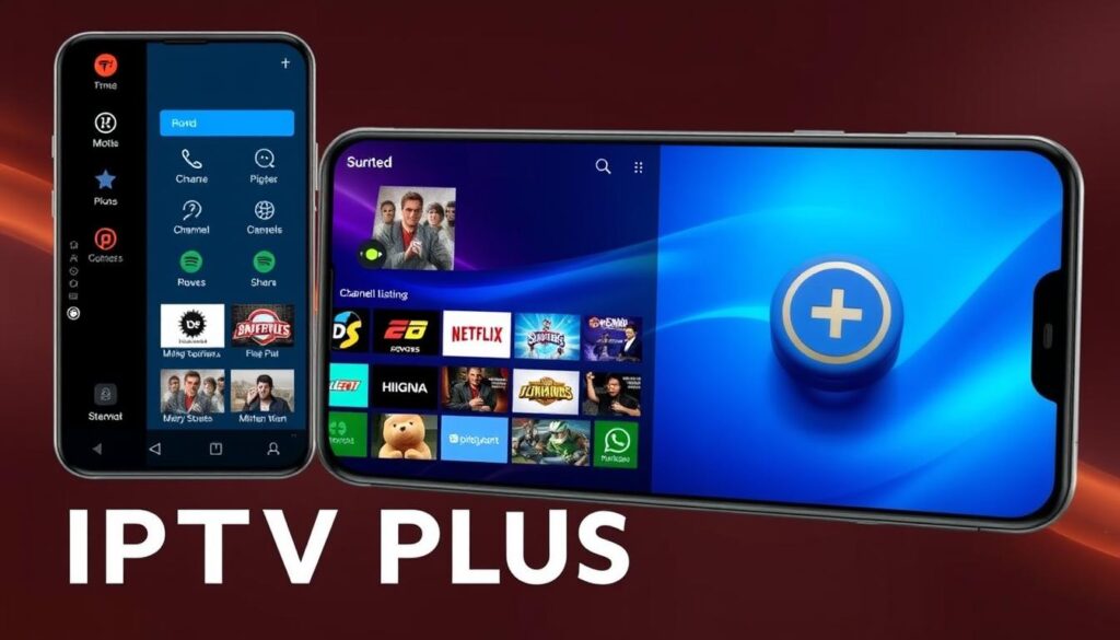 Generate an image of the IPTV Plus app interface showcasing its various features.
