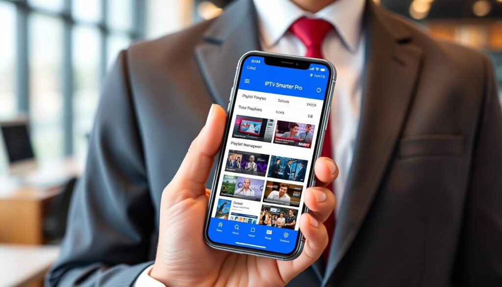 Generate an image of the IPTV Smarters Pro app on a smartphone, highlighting its sleek user interface and playlist management features.