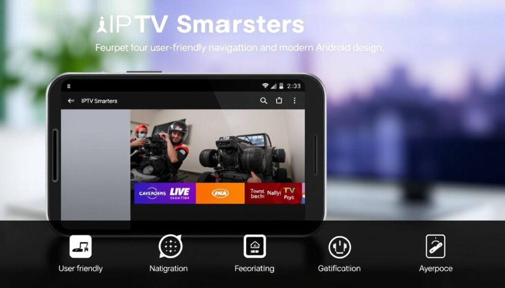 Generate an image of the IPTV Smarters Pro application interface on an Android device. Generate an image of the IPTV Smarters Pro application interface on an Android device.