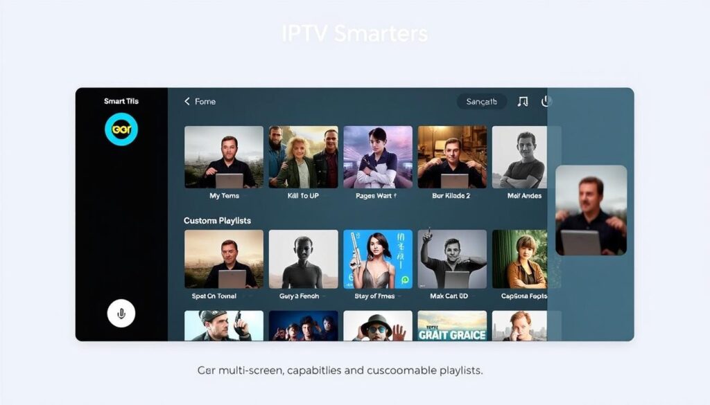 Generate an image of the IPTV Smarters app interface showcasing its multi-screen capability and customizable playlists.
