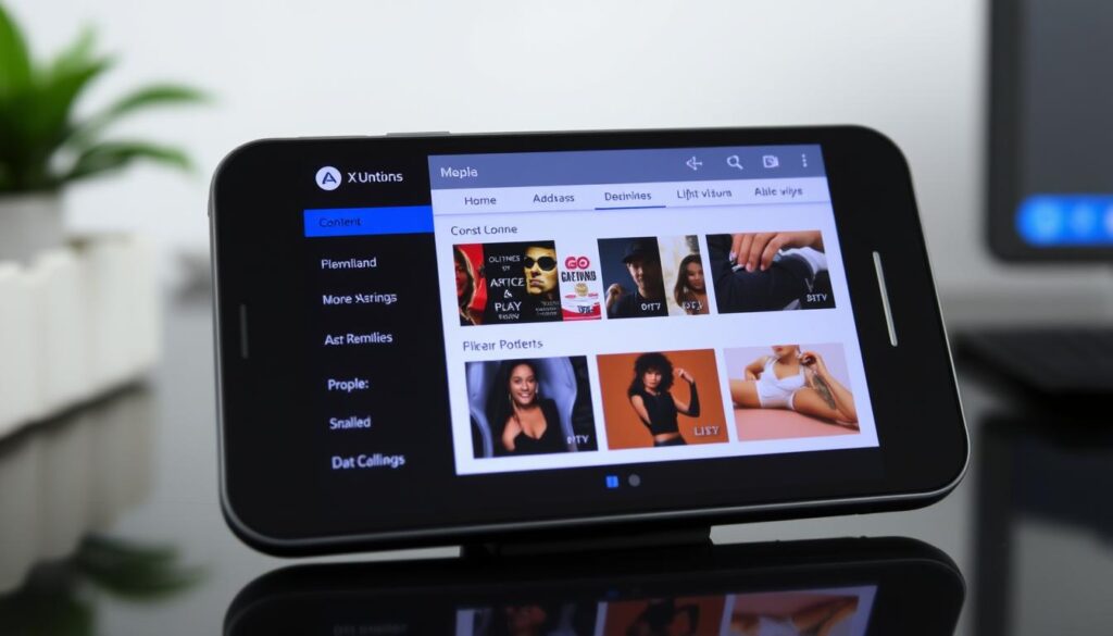 Generate an image of the IPTV Xtream PRO interface on an Android device, showcasing its user-friendly menu and content organization.
