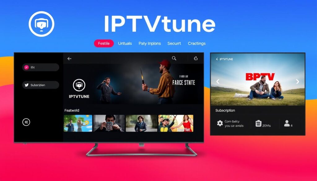 Generate an image of the IPTVtune IPTV subscription service's interface, highlighting its key features. Generate an image of the IPTVtune IPTV subscription service's interface, highlighting its key features.