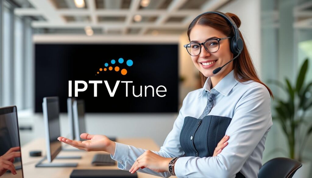 Generate an image of the IPTVtune logo with a support specialist assisting a customer.