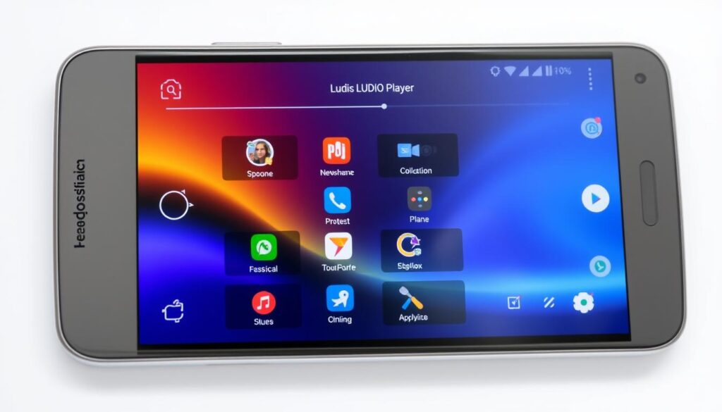 Generate an image of the LUDIO Player interface on an Android device, showing its user-friendly layout and features. Generate an image of the LUDIO Player interface on an Android device, showing its user-friendly layout and features.
